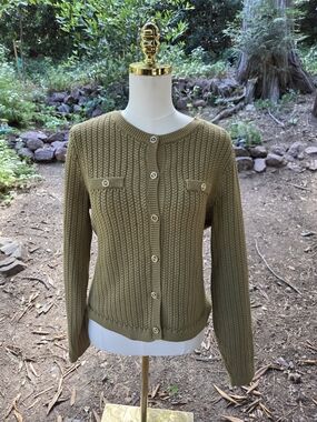 Calligraphie Olive Green Knit Button-Front Women's Sweater Size Large
